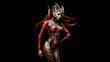© Priessnitz Studio - Futuristic Female Warrior in Red and Black Armor with Elegant Horned Helmet on a Dark Background