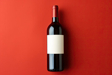 Elegant Bottle of Red Wine with Blank Label on Vibrant Red Background