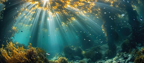 Wall Mural - Sunshine streams through Monterey Bay's kelp forest, which grows rapidly and supports marine life.