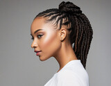 portrait of beautiful black african american woman with curly long braids and bun. perfect face structure. sharp jawline looking left side profile. isolated on white background. 