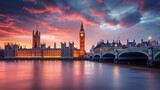 Fototapeta  - London cityscape with Houses of Parliament and Big Ben tower at sunset, UK