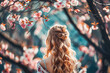 Beautiful young woman with long curly blonde hair from behind holding blooming branch of sakura tree.
