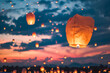 Flying Chinese Lanterns, dusk sky