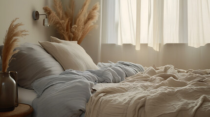 Wall Mural - Pastel beige and grey bedding on bed. Minimalist, french country interior design of modern bedroom