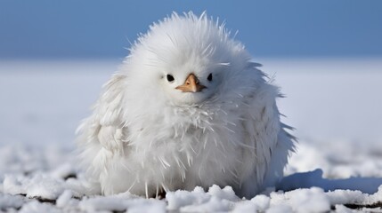 Poster - A fluffy white bird sitting on top of a pile of snow, AI