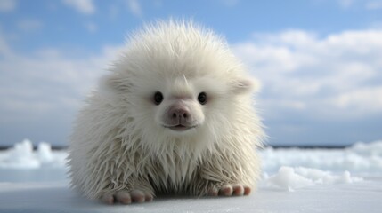 Canvas Print - A small white animal sitting on top of some ice, AI