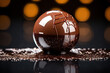 Chocolate sphere on a background with golden bokeh. Generated by artificial intelligence
