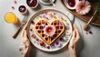 Heart shape waffle, Valentine day breakfast, top view. Generative AI