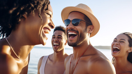 A group of young people on the beach - laughing together by a sunny day