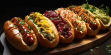  Gourmet Hot Dogs with Assorted Toppings on Wooden Board. Generative AI.