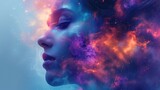 Fototapeta Kosmos - beautiful fantasy abstract portrait of a beautiful woman double exposure with a colorful digital paint splash or space nebula