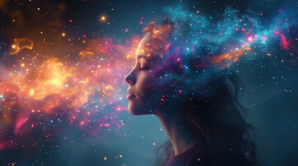 beautiful fantasy abstract portrait of a beautiful woman double exposure with a colorful digital pai