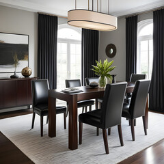 Rosewood table with black leather high back chairs in living room