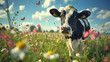 Cow grazing in a meadow with colorful flowers and blue sky background.