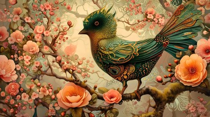 Naklejka na meble Intricate Artwork of a Stylized Hummingbird Among Blossoming Branches. Stylized ornamental wallpaper. Bird Wallpaper.