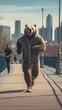 A large brown bear running across a bridge. Generative AI.