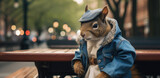 A squirrel dressed in a denim jacket and hat sitting on a bench. Generative AI.