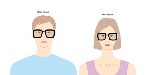 Poster - Retro Square frame glasses on women and men flat character fashion accessory illustration. Sunglass front view unisex silhouette style, rim spectacles eyeglasses, lens sketch style outline isolated