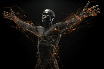 A figure with outstretched arms, isolated on a black background, expressing the desire for connection. Generative Ai.
