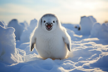 Wall Mural - A penguin doing a goofy dance in a field of snow, showcasing the lighter side of the Arctic. Generative Ai.