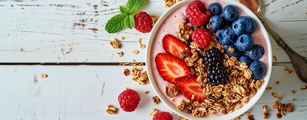 Wall Mural - Healthy breakfast option for vegans and vegetarians, smoothie bowl topped with fresh berries, nuts seeds and a homemade granola