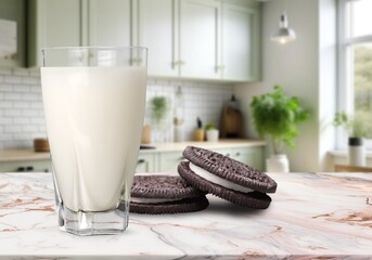 Wall Mural - Plate with tasty sweet cookies and milk on table