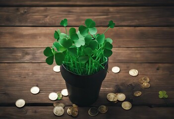 Top view photo of the black pots with many coins inside and around two stripped straws soft confetti in shape of clovers and silk tie bow on the wooden green background copyspace stock photoSt