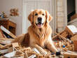 Portrait of a golden retriever with a trashed room and a mess in the background