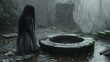 Mysterious Woman Next To An Old Well In A Foggy Forest At Dusk. Creepy artwork. VHS wallpaper. Spooky horror painting.