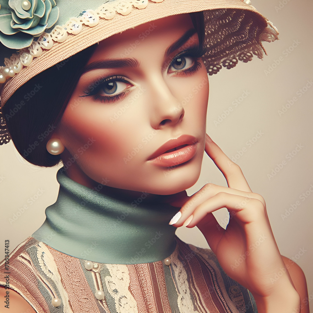 Retro Lady Vintage Close-Up Fashion Portrait of a Serious Confident 50s 1950s 60's ...