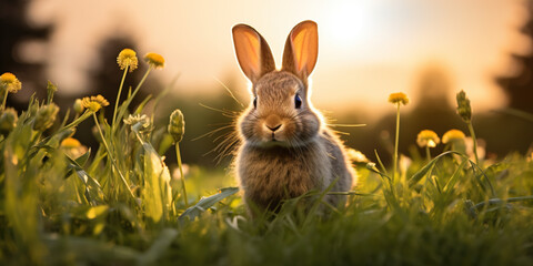 Wall Mural - A cute rabbit in the grass fields on a spring day