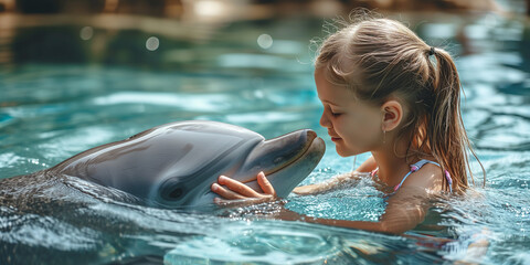 Wall Mural - Little girl strokes a dolphin while swimming