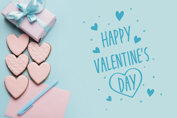 Festive banner for Valentines Day with heart shaped cookies and gift