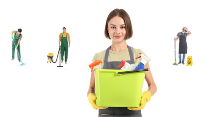 Poster - Set of people with cleaning supplies on white background