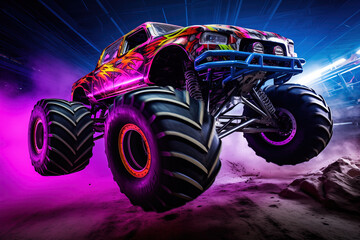 Wall Mural - Neon-Lit Monster Truck in Action in Mid-Air