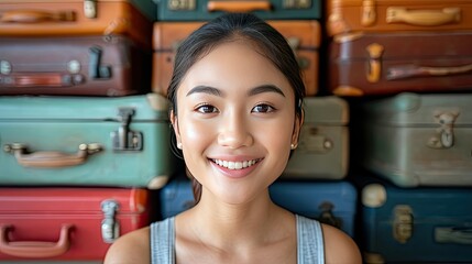 Canvas Print - a female traveler, behind her is a huge stack of suitcases, she is dressed in a beige explorer traveler's outfit  