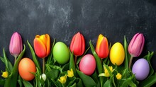 Colorful Tulips And Easter Eggs Spread Out In Large Groups On Black Background, Wallpaper