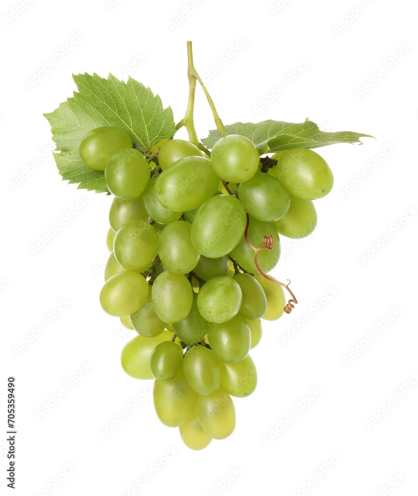 Fresh ripe grapes and leaves isolated on white