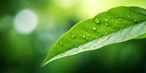 Wall Mural - Green leaf with dew drops close-up on blurred background