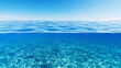 The calm blue and white sea, the scene where you can see both above and below the surface of the sea water at the same time - Generative AI