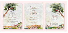 Wedding Invitation Set With Tree And Floral Garden Watercolor Landscape