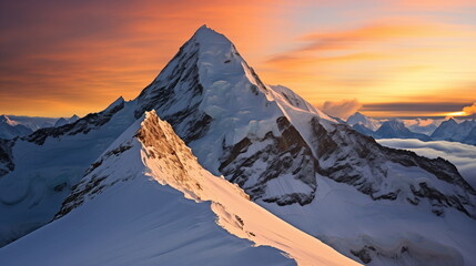 Wall Mural - Snow piled up on the summit and sunrise behind - Generative AI