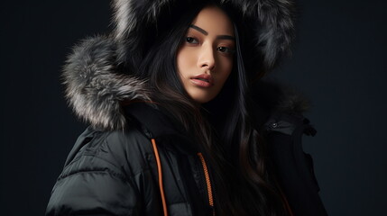 Wall Mural - A woman model wearing a winter jumper with a furry hood. Winter concept. Studio model photo shoot. Close up. Generative AI