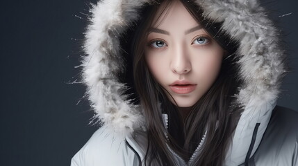 Wall Mural - A woman model wearing a winter jumper with a furry hood. Winter concept. Studio model photo shoot. Close up. Generative AI
