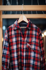 Wall Mural - Close-up of a plaid flannel shirt on a hanger  AI generated