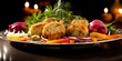 A dramatic lole shot revealing a platter of beautifully goldenbrown Gefilte fish patties, adorned with caramelized onions and accompanied by a colorful arrangement of fresh vegetable crudit