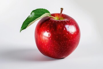 Wall Mural - A shiny red apple with a leaf still attached On a white background