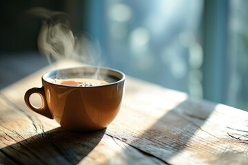 A single cup of steaming coffee on a wooden table with morning sunlight