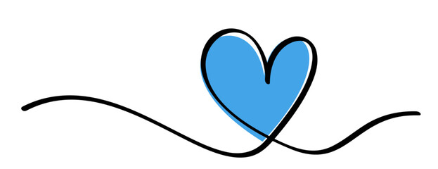 Wall Mural - single blue heart continuous wavy line art drawing on white background.