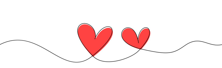 Wall Mural - Two red hearts continuous wavy line art drawing on white background.